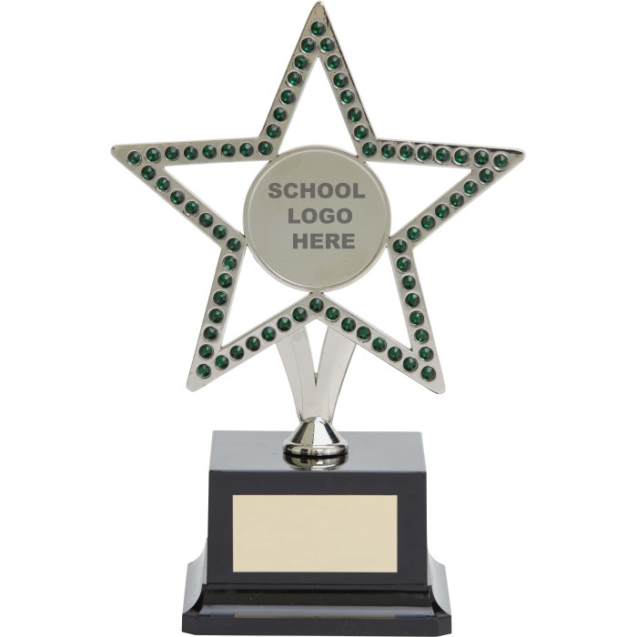  10'' SILVER METAL STAR WITH GREEN GEMSTONES - CHOICE OF SPORTS CENTRE 